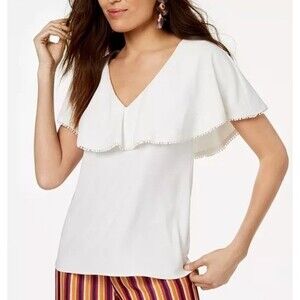 Trina Turk Flounce Pom Pom-Trim V-Neck Top in White S NWOT